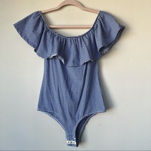 J.Crew Striped Ruffle Off The Shoulder Bodysuit Blue White Stretch Size Small